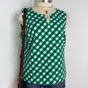 Linen Blend Gingham Check Sleevelesss Top Cottagecore Green White Size Large